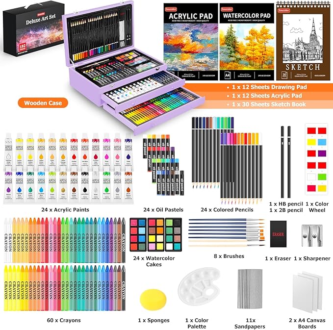Halloween & Christmas Day Gifts for Kids, Teen Girl Girls Trendy Stuff, Stocking Stuffers for Teens, 192-Pack Drawing Painting Art Supplies with Acrylic Pad, Watercolor Pad, Sketch Book, Canvases