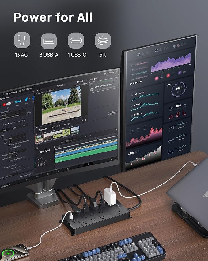 TROND Surge Protector Power Strip, 4000 Joules, ETL Listed, 13 Widely-Spaced Outlets Expansion with USB C Ports, Low-Profile Flat Plug, Wall Mountable, 5ft Extension Cord, 14AWG Heavy Duty, Black