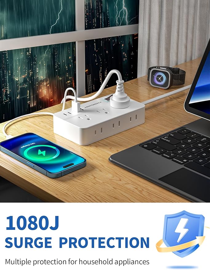 Surge Protector Power Strip - 5Ft Braided Extension Cord Flat Plug with 6 Outlets and 2 USB-A 2 USB-C Ports, 1080 Joules Wall Mounted Charging Station for Office Home ETL (10 FT)