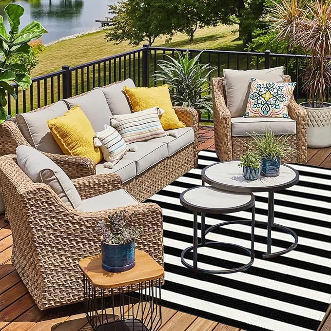 CAINANEL Black and White Area Rug 5' x 7' Indoor Outdoor Rug Hand Woven Farmhouse Striped Rug Outdoor Reversible Mat for Front Porch/Dining Room/Bedroom/Kitchen/Living Room Rug