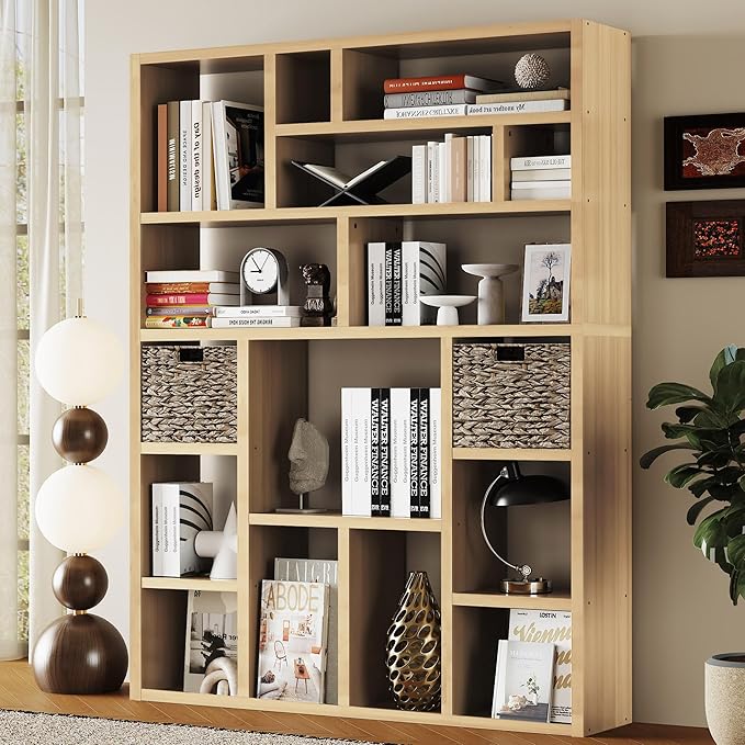 BLANKSPACE 71 Inch Tall Wooden Bookcase, 6-Tier Heavy Duty Storage Shelf with Foldable Storage Baskets - Freestanding Open Shelves for Living Room, Bedroom, Yuzu Oak