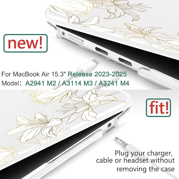 DONGKE Compatible with M4 MacBook Air 15 inch Case 2025 2024 2023 A3241 A3114 A2941 M3 M2 Liquid Retina Display Touch ID, Plastic Hard Case & Keyboard Skin & Screen Protector - Golden Floral