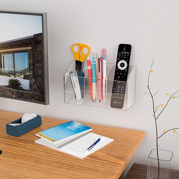 Acrylic Pen Holder Box 3 Compartments, Clear Pencil Storage Organizer for Desk or Wall, Acrylic Organizer Holder for Pens, Office Desk Accessories, Makeup Brush