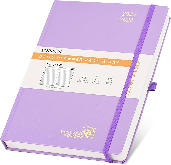 POPRUN 2025-2026 Daily Planner One Page Per Day (Large - 8.25'' x 12'') - Academic Calendar (July 2025 - June 2026), 2025 Day Appointment Book with Monthly Tabs, Hardcover - Violet