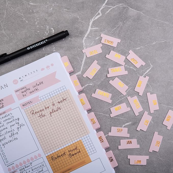 DiverseBee Gold Foil Planner 24 Peel and Stick Laminated Tabs for Notebooks, Calendar Tab Stickers and Monthly Dividers (Seasalt)