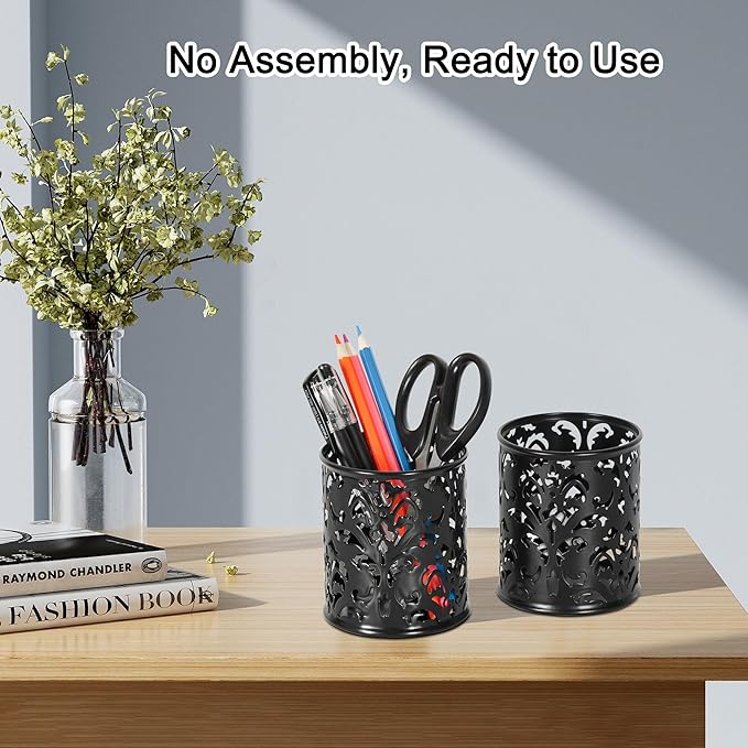EasyPAG Metal Round Pencil Holder 2 Pack Black Pen Cup Holders Organizer for Desk