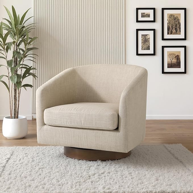 UIXE Swivel Accent Chair with Wood Base, Fabric Upholstered Barrel Chairs for Living Room, Comfy Round Armchair Single Sofa Bedroom Reading Seat - 31" W, Light Brown