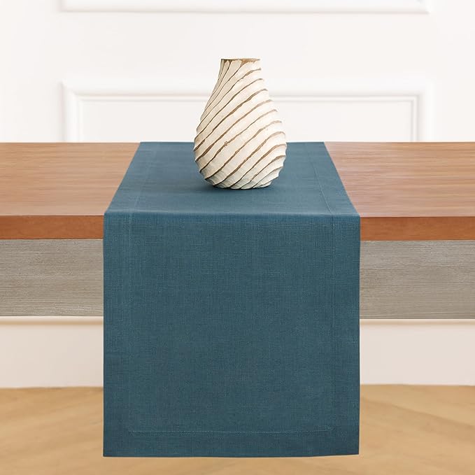 Solino Home Linen Table Runner 90 Inches Long - 100% Pure Linen Peacock Blue Table Runner 14 x 90 Inch - Fete