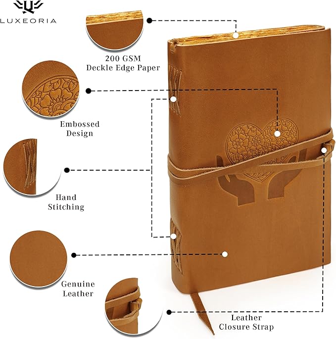 LUXEORIA Heart Journal for Women and Men, Handcrafted Leather Journal for Writing Womens, Sketchbook, Travel Diary with Unlined Deckle Paper, Camel Brown 8x13