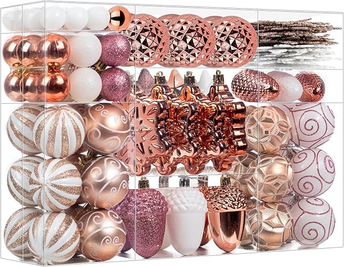 110 Pcs Rose Gold & White Christmas Ornaments Set, Assorted Christmas Balls Decor for Xmas Tree, Shatterproof Plastic Baubles Hanging Decorations for Holiday/Party/Wedding