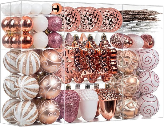 110 Pcs Rose Gold & White Christmas Ornaments Set, Assorted Christmas Balls Decor for Xmas Tree, Shatterproof Plastic Baubles Hanging Decorations for Holiday/Party/Wedding
