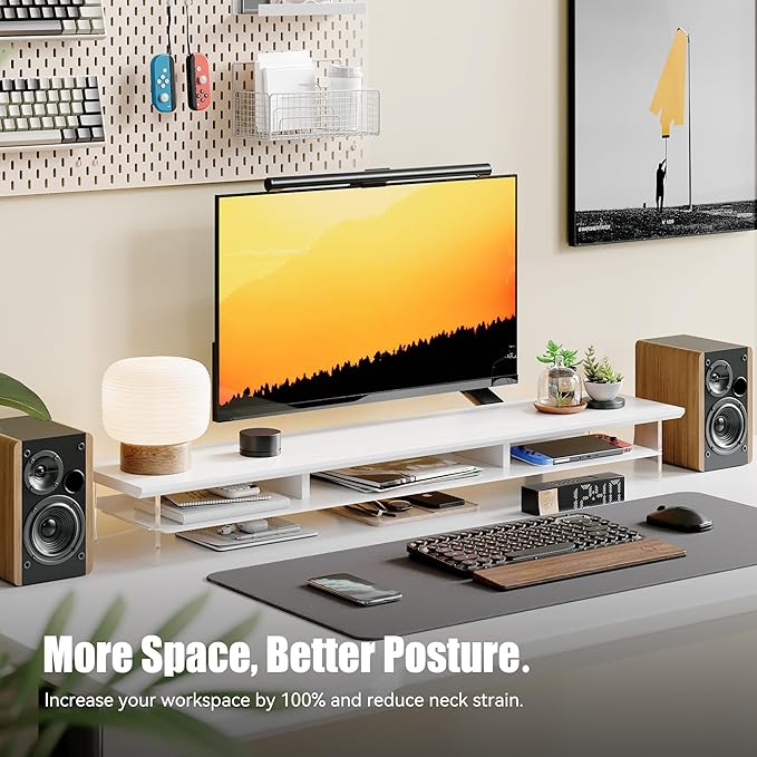 Dual‑Tier Monitor Stand for Modern Desk Setup – Minimalist Wooden and Metal Riser Shelf with Transparent Acrylic Feet for Dual Monitors, Laptops, Home Office Aesthetic，White