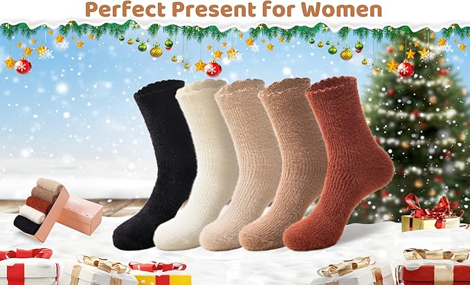 SISOSOCK 5 Pairs Fuzzy Soft Cozy Fluffy Socks for Women, Casual Warm Sleep Comfy Socks, Thick Winter Plush Gifts for Women