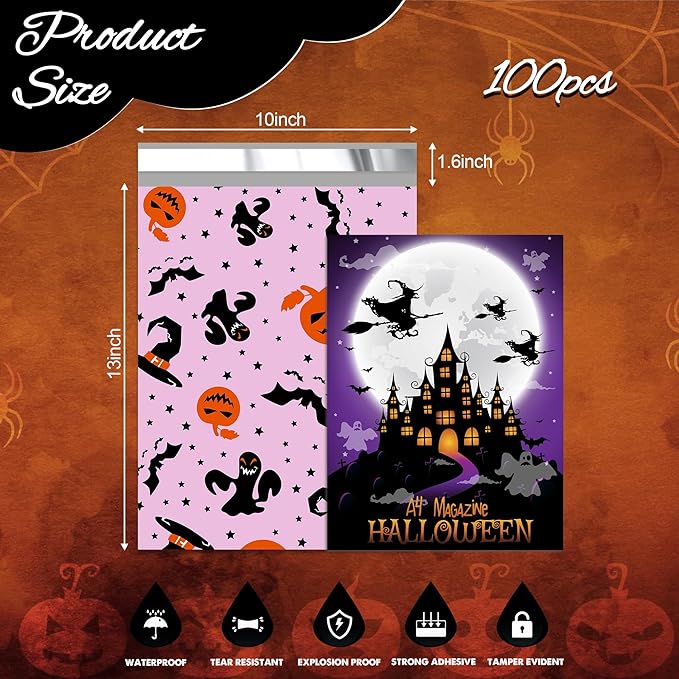 Halloween Poly Mailer 10x13 Inch 100 Pcs, Waterproof Shipping Bags for Clothing, Tear-Resistant Mailier Bags, Strong Mailing Bags with Self-Seal - Purple