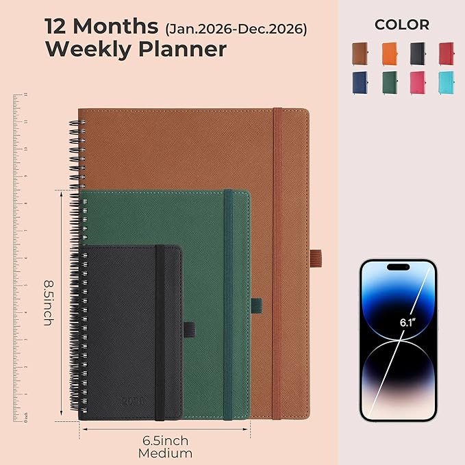 Planner 2026 Daily Weekly and Monthly,8.5"x6.5",12 Months Spiral Bound Calendar Agenda with Self-adhesive Pen Holder,2026 Appointment Book with Vegan Leather Soft Cover,Black