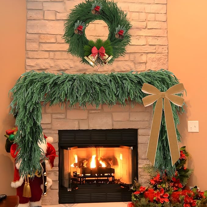 2-Pack Christmas Norfolk Pine Garland, 9ft Real Touch Garland,Artificial Winter Green Realistic Greenery Garlands for Mantle, Table, Wall, Indoor, Outdoor Xmas Decorations