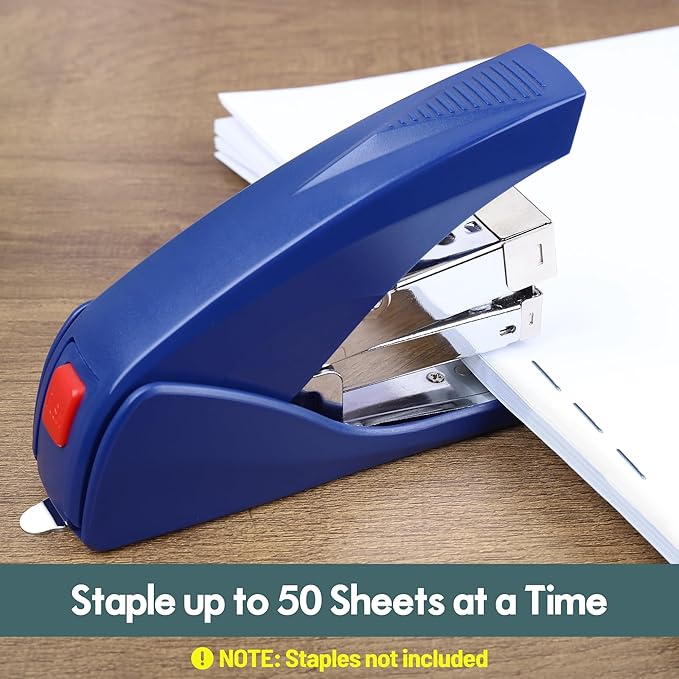 AFMAT Effortless Stapler for Desk, 50 Sheet Capacity, Low Force, Built-in Staple Remover, One Finger Touch Stapling Desktop Stapler, Portable & Space Save Size, Good for Home & Office, Blue