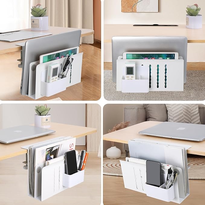 2 TIER Desk Side Storage Upgraded Under Desk Organizer, No Drill Hanging Laptop Holder Under Desk, Clamp-On Table Side Tray Steel Desktop Organization for Office and Home (White)