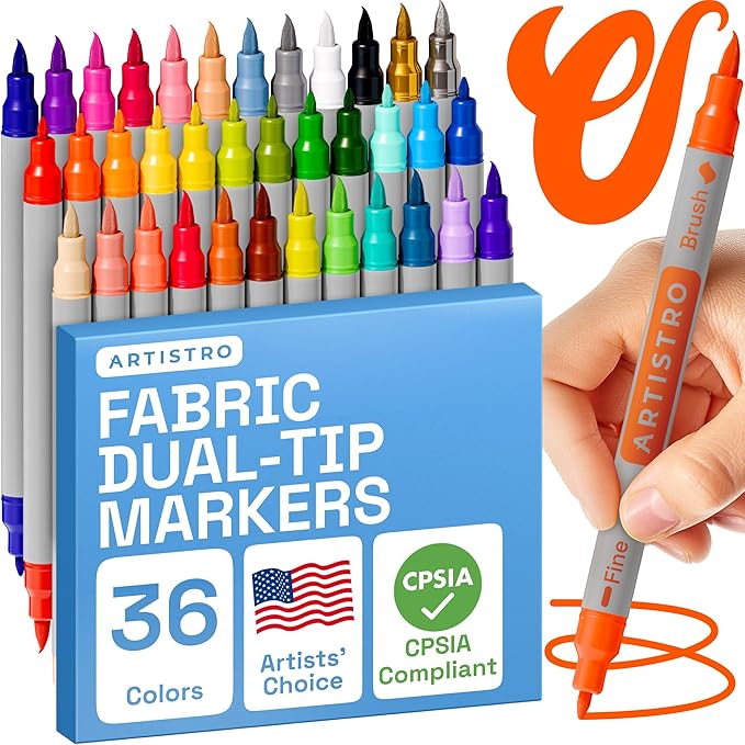 ARTISTRO 36 Dual Tip Fabric Markers - Acrylic Drawing Markers for All Ages & Levels - Fabric Paint Pens for Personalizing Clothes, T Shirts, Bags, Canvas, Textiles (Brush + Fine)