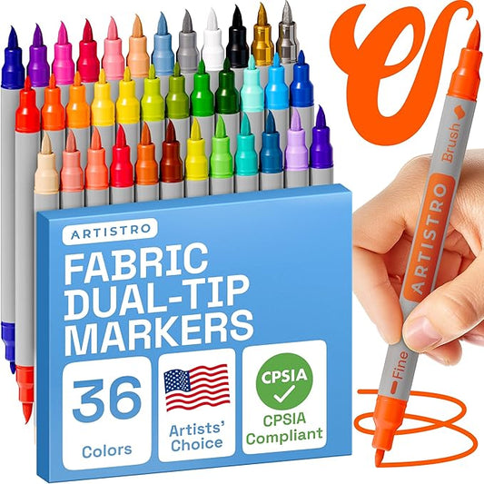 ARTISTRO 36 Dual Tip Fabric Markers - Acrylic Drawing Markers for All Ages & Levels - Fabric Paint Pens for Personalizing Clothes, T Shirts, Bags, Canvas, Textiles (Brush + Fine)