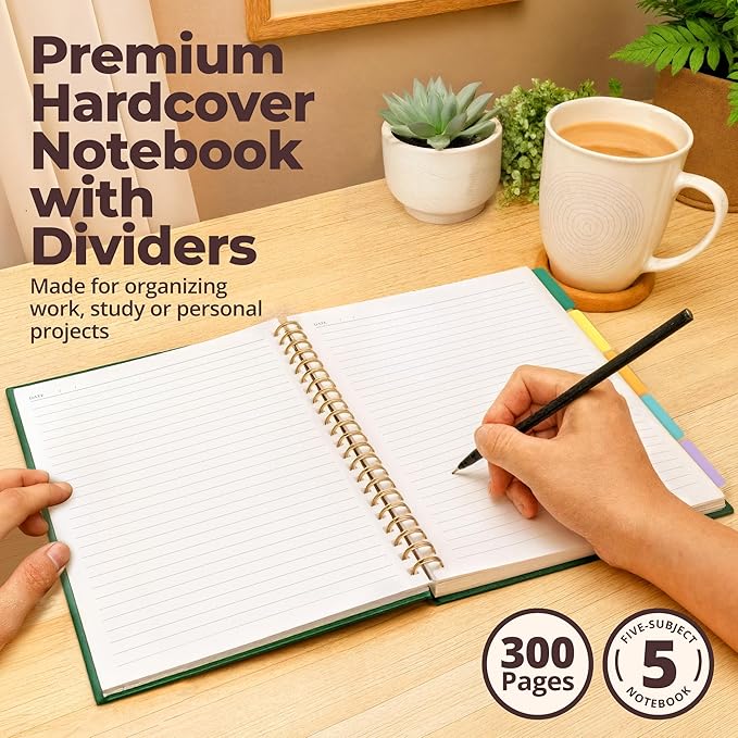 Hardcover Leather Lined Spiral Notebook 8x10" with Removable Dividers - Green - 300 Pages 5 Subject College Ruled Notebook for Work with Tabs, Pockets, and Pen Loop for Note Taking, Large Journal