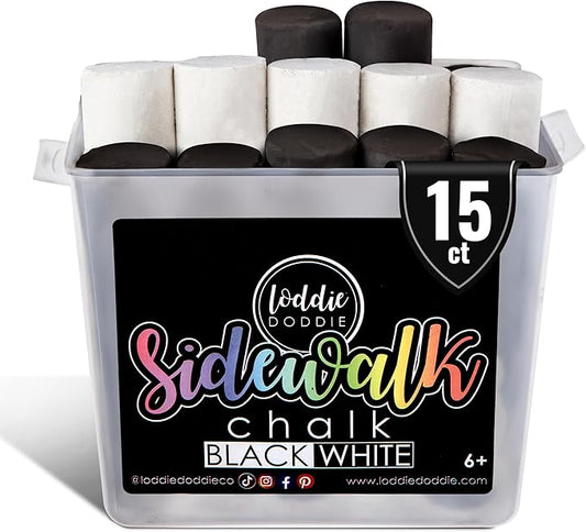 Loddie Doddie Sidewalk Chalk Jumbo Sticks - 15 Count Bucket, 10 Black & 5 White - Non-Toxic Low-Dust Sticks For Kids & Adults - Outdoor Chalk Bucket For Kids Activities