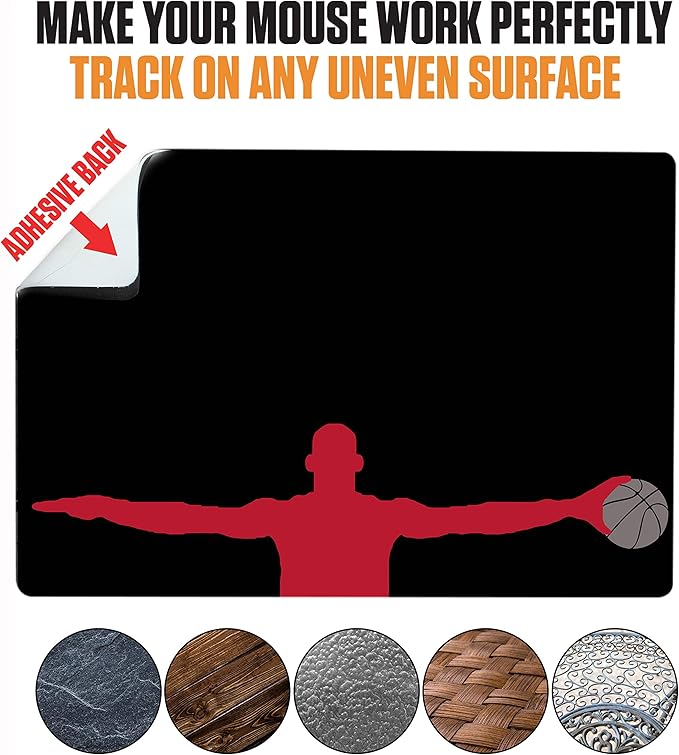 Mouse Pad Adhesive Bottom - Sticks to Any Surface - Portable - Webcam Covers and Screen Cleaner Included (Basketball)