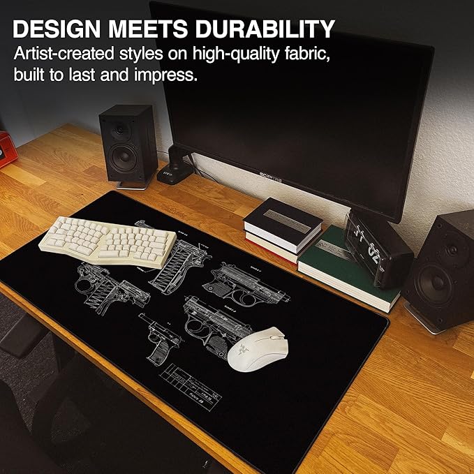 MPCO. Blueprints Large Gaming Desk Pad - 36" x 17" Duraglyde Fabric Pistol 38 – Black Desk Mats - Non-Slip, Washable, Smooth Glide for Precision Gaming & Work