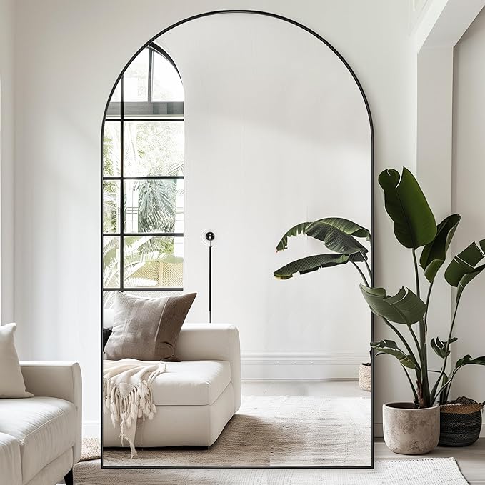 Antok Full Length Mirror, 86"x46" Oversized Floor Mirror Freestanding, Full Body Mirror Floor Standing Mirrors with Stand, Hanging Mounted Mirrors for Living Room Cloakroom,Black,Arched Style