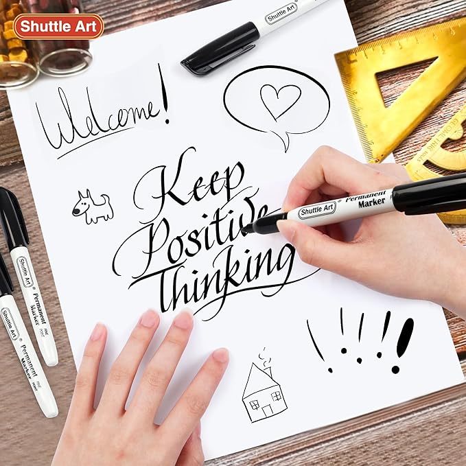Shuttle Art 100 Pack Black Permanent Markers, Fine Point Permanent Marker Pens Set Perfect on Plastic, Wood, Stone, Metal and Glass for Doodling, Writing, Marking, Office School Supplies