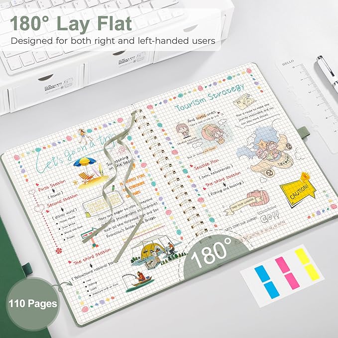 EMSHOI A4 Graph Grid Notebook - 110 Pages 100GSM Grid Paper, Vegan Leather Floral Cover with Spiral Binding for Engineering, Bullet Journaling, School & Work - Includes Ruler, Pockets -Light Green