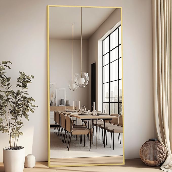 Large Full Length Mirror, 71"x32" Gold Floor Mirror with Stand, Rectangle Standing Mirror for Living Room Bedroom Cloakroom Gym, Thin Aluminum Frame, Tempered Glass