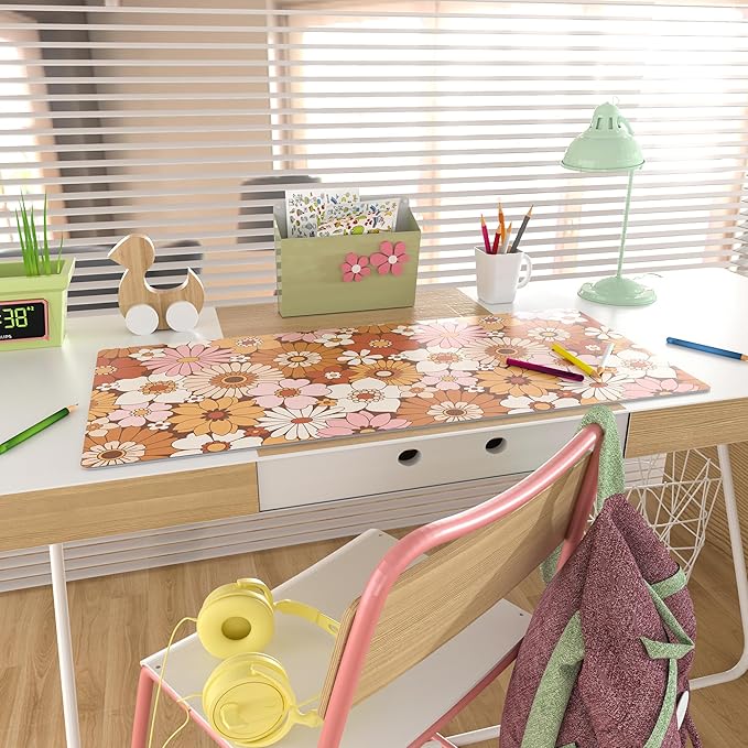 Colorful Star Large Mouse Pad, PU Leather Waterproof Desk Mat, Computer Gaming Mouse Pad, XXL Full Desk Mousepad Non Slip Desk Pad for School Office Home 31.5" x 15.7" - Retro Flowers