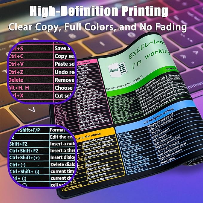 Get Excel Pad,Excel Shortcut Mouse Pad Desk Mat,Large Excel Cheat Sheet Spreadsheet Keyboard Mats Mousepad,Water-proof Non-Slip Stitched Edge,Excel Learning Essentials,31.5*15.7 inch,Black