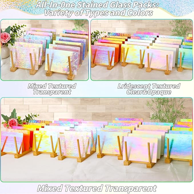 36 Sheets Opaque Stained Glass Bulk Variety Pack, 4 x 6 Inch Mosaic Glass Tiles for Crafts, Assorted Colors Cathedral Art Glasses Sheets for Stained Glass Making Projects
