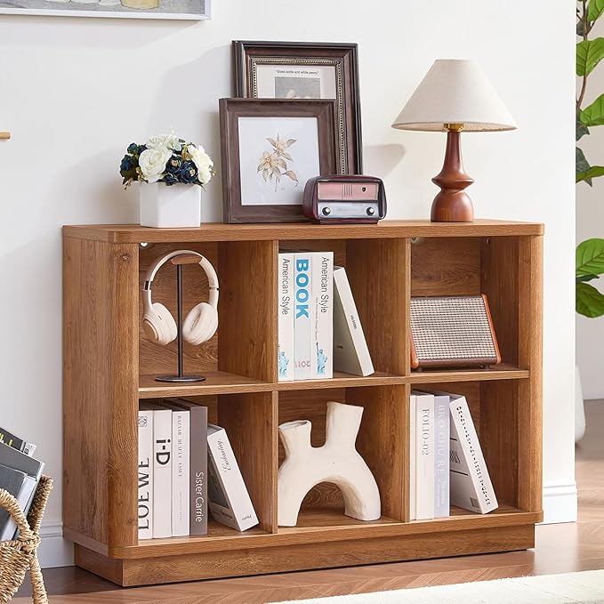 6 Cube Storage Book Shelf, 40" Wide Low Horizontal Bookcase with Curved Edge, Floor Standing 2-Tier Wooden Bookshelf with Base, Modern Short Book Case for Bedroom, Study, Entryway, Brown