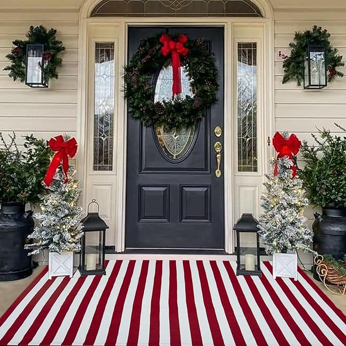Christmas Outdoor mat Red and White Striped Outdoor Rug Front Porch Rug,Christmas Home Decor, Layerd Welcome Doormat for Front Porch Decor, Front Door, Farmhouse Decor (Red and White, 4' x 6')