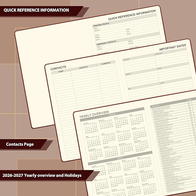 Vondafe 2026 Planner - Weekly and Monthly Planner 2026, Jan.2026 - Dec.2026, 9" x 11", 2026 Calendar Planner with Inner Pocket + Elastic Closure + Pen Loop + Bookmarks, Leather Hardcover - Brown