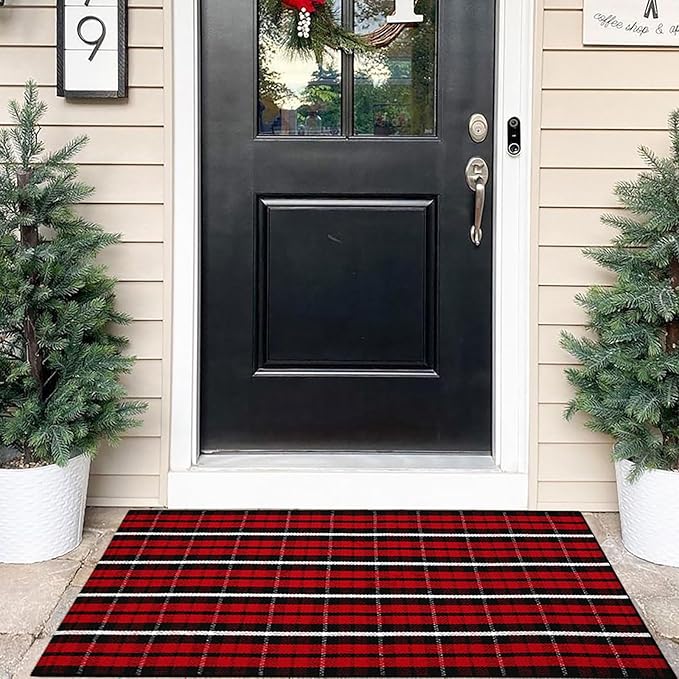 Christmas Plaid Outdoor Rug, 2'4" x 3'7" Red & Black Check Indoor/Outdoor Area Rug, Layering Rug for Hello/Welcome Door Mat, Machine Washable Cotton Woven Farmhouse Mat for Front Porch Décor