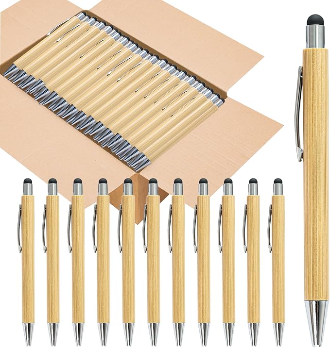 250 Pack Bamboo Pens Bulk with Touch Stylus Tip Wooden Bamboo Pens Engraving Wooden Ballpoint Pen Customizable Gift Pen Bulk