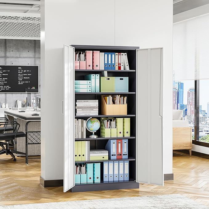 STANI Metal Garage Storage Cabinet with Lock, 71" Steel Lockable File Cabinet, Locking Steel Storage Shelf with 5 Adjustable Shelves for Home, Office, Warehouse, Garage, School (White+Grey)