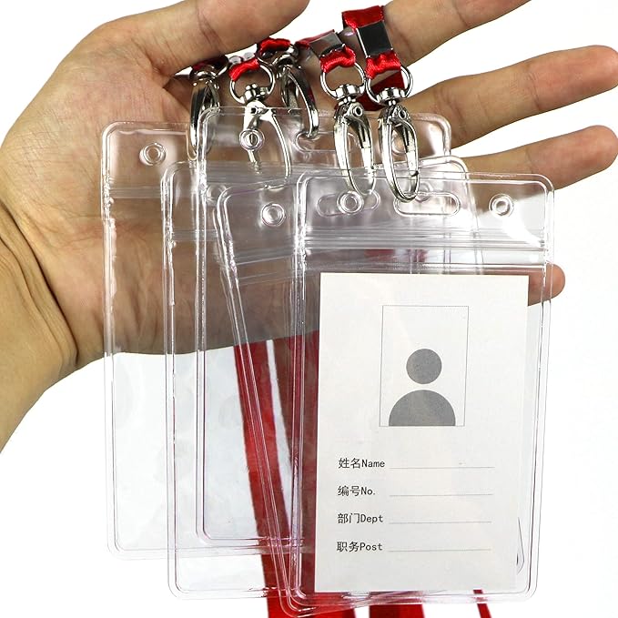 Lanyard with ID Holder 50 Pcs Waterproof Name Tag Badge ID Card Holders ID Pass Holder and 50 Pcs Flat Neck Lanyards Swivel Hook (Red, Vertical)