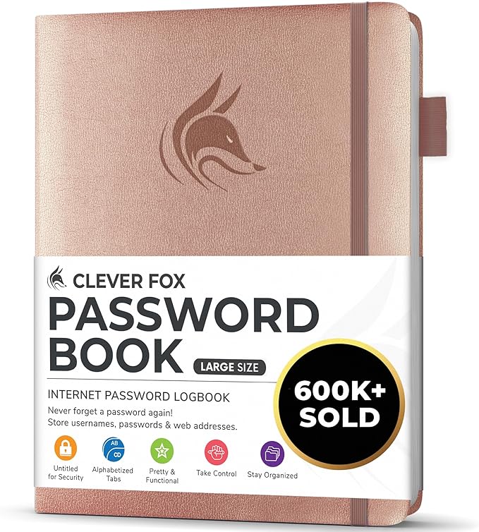 Clever Fox Password Book with alphabetical tabs. Internet Address Organizer Logbook. Large Password Keeper for Website Logins (Rose Gold)