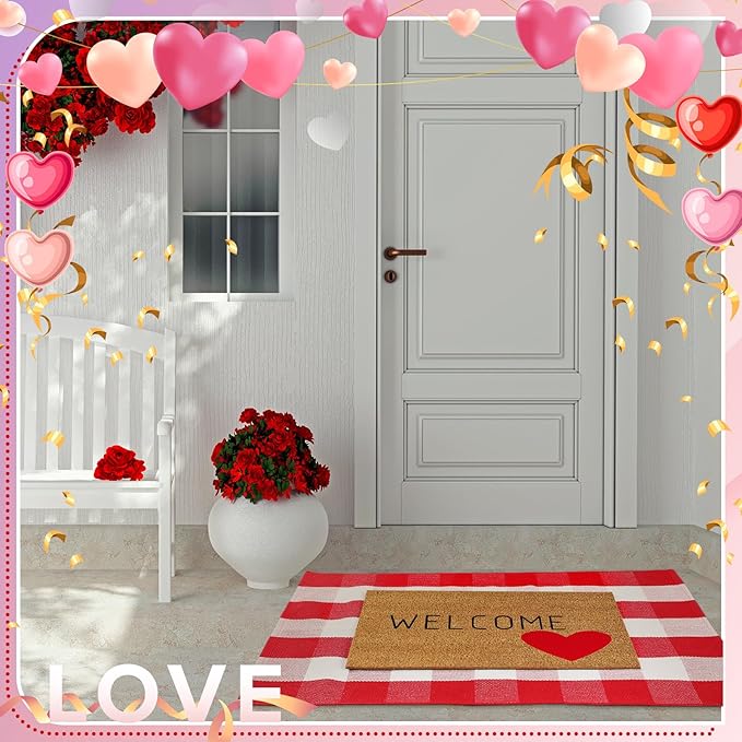 2 Pcs Valentine's Day Coir Welcome Doormat Valentine's Day Rug Outdoor Layered Buffalo Plaid Red and White Mat Red Heart Mat for Front Porch Entryway Outdoor