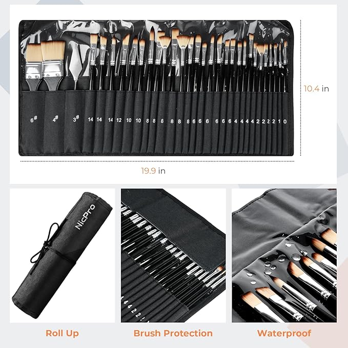Nicpro 30pcs Paint Brush Set, Professional Paintbrushes with Paint Spatula and Cloth Roll, Craft Paint Brushes for Acrylic Painting, Oil, Watercolor, Gouache, Art Supplies for Artists and Beginners