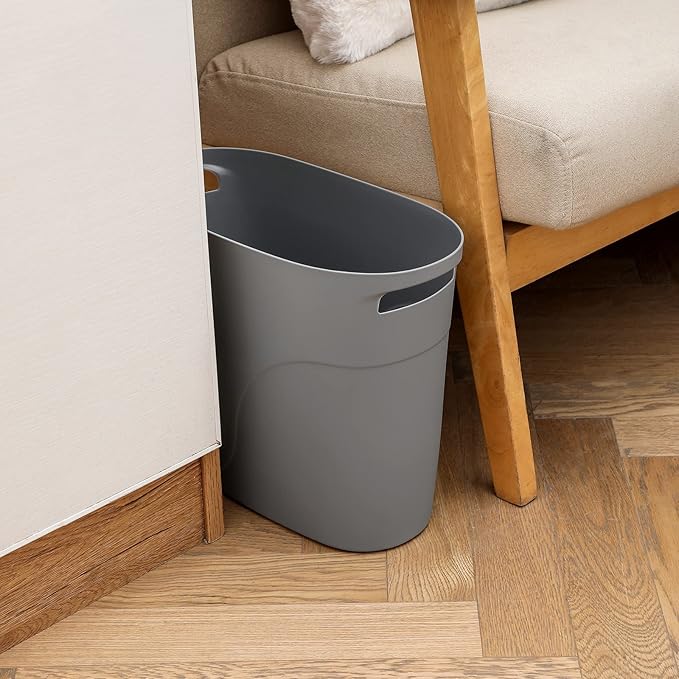 Plastic Small Trash Can Slim Waste Basket with Handles 3.2 Gallon Narrow Garbage Container Bin for Bathroom, Bedroom, Kitchen, Home Office Under Desk, Dorm, Laundry Room, Kids Room, Grey 2 Pack