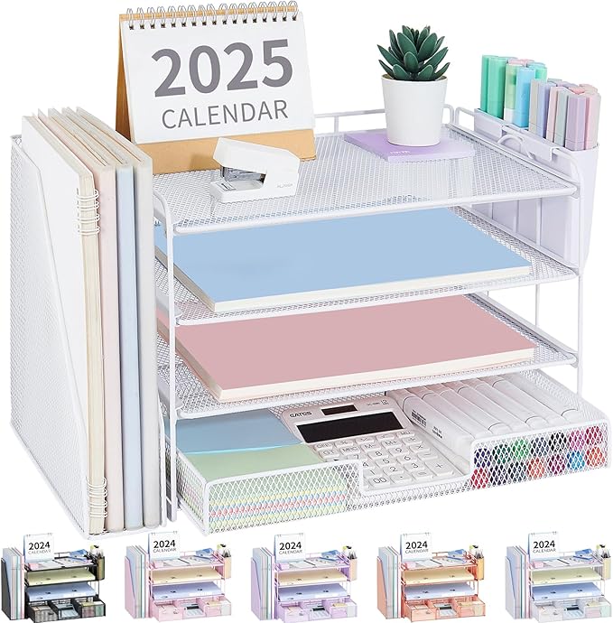 OPNICE Desk Organizer and Accessories, 4-Tier Desktop File Organizer with Drawer and 2 Pen Holders, Office Desk Accessories, File Sorters, Workspace Organizers for Office Supplies(White)