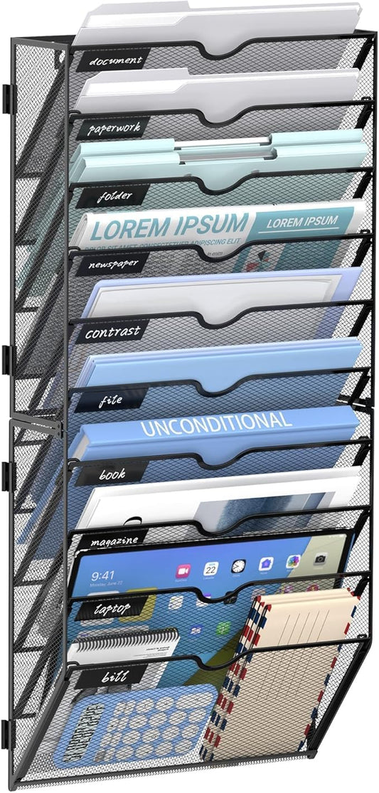 10 Tier Wall File Organizer Office Hanging Mail Holder Wall Mounted, Mesh Paper Document Organizer for Office Home School, Black