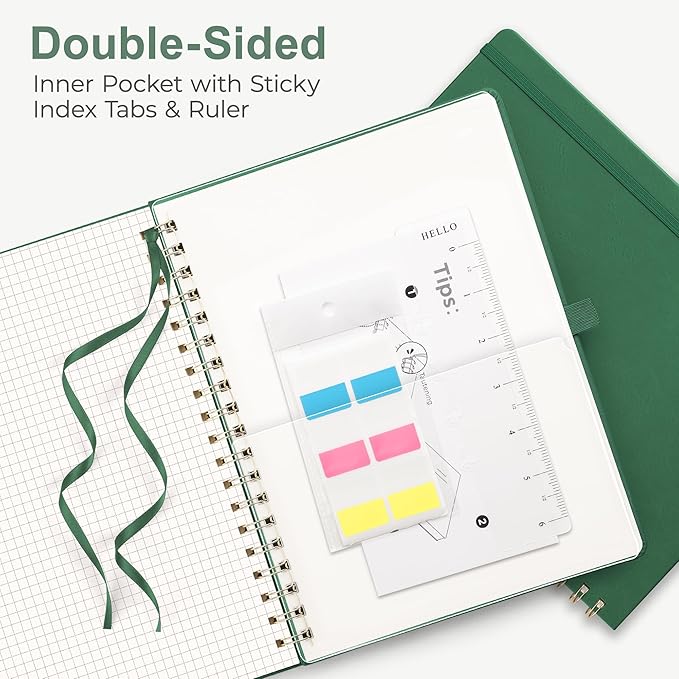 RETTACY Graph Grid Paper Notebook, 110 Pages, A4 Large Size (8.5'' × 11''), 5 Squares per Inch, Leather Hardcover, 100 GSM Thick Paper, for School, Students, Math, Engineering (Dark Green)