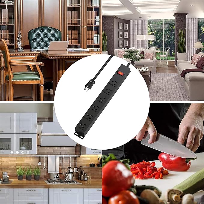 Power Strip with 6AC Outlets Wide Spaced and 14AWG Power Cord,Wall Mount Outlet Power Strip Heavy Duty for Commercial, Industrial, School and Home with Switch,15A 125V 1875W,Black (12FT)